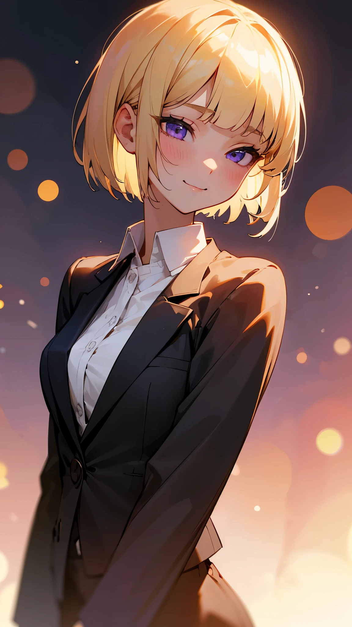 1 Girl、8K、Sharp focus、(Bokeh) (Highest quality) (Detailed skin:1.3) (Intricate details) (anime)、(blonde)、short hair、Bobcut、Blunt bangs、Beautiful purple eyes、Slender body、Upper body close-up、White shirt、Black work trousers、Black Fitted Blazer、Calm face、Mouth closed、Cheeky Smile、Squint your eyes、Park in the background、sunset、Soft lighting.