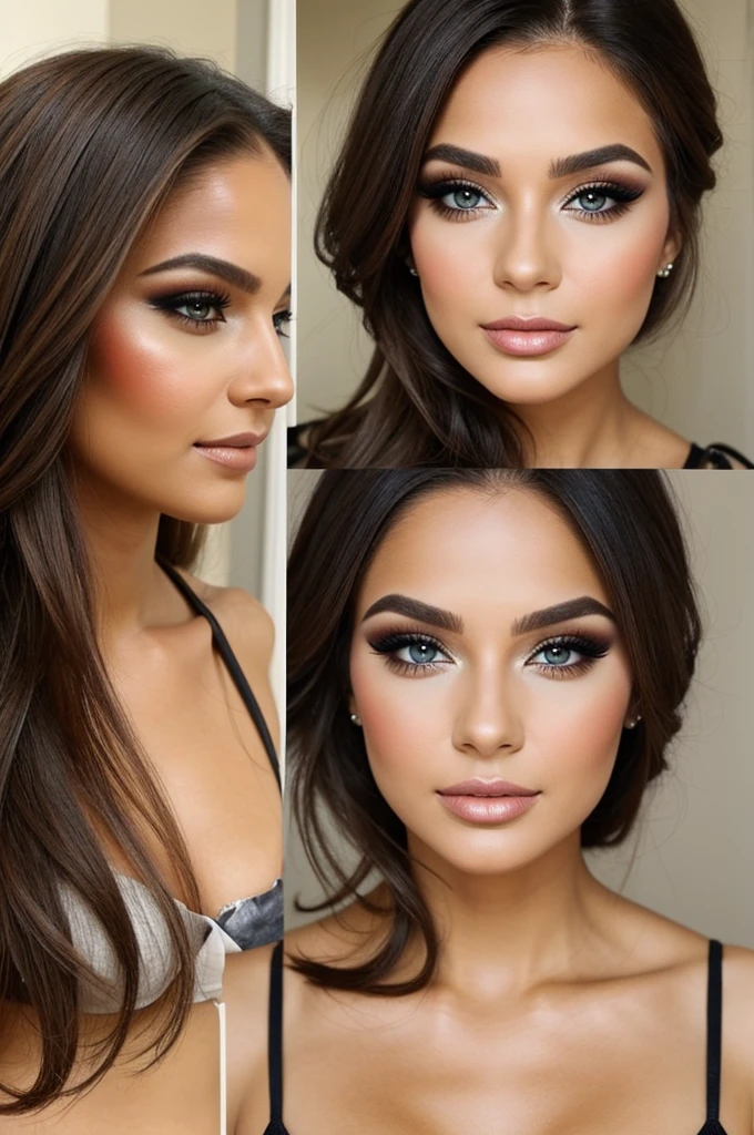 1 picture of an average woman with very heavy and textured makeup 2 picture of an average woman with beautiful, natural and expert makeup