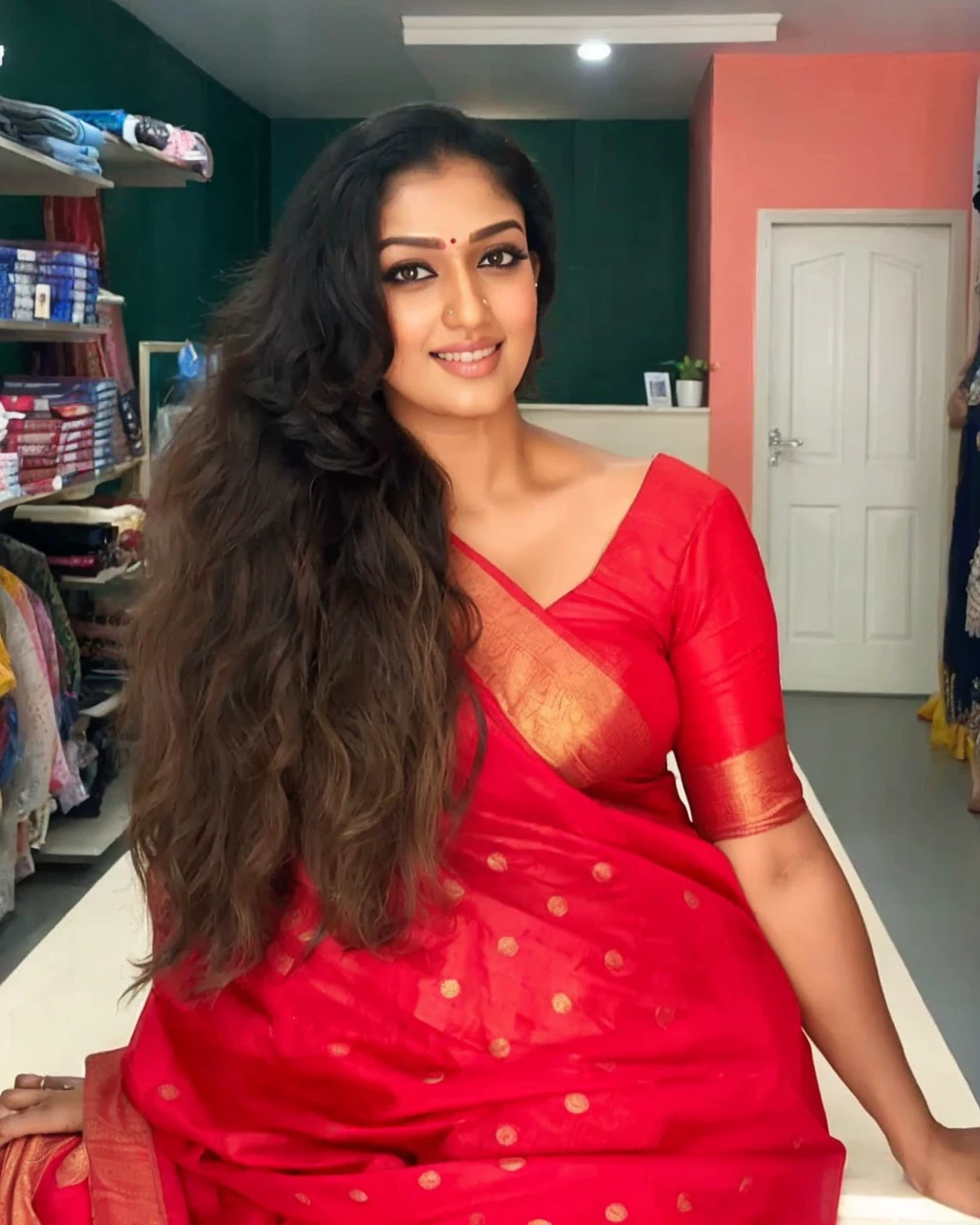 Wearing a sexy satin saree, looka sexy Indian housewife, Looks like Indian Actress Nayanthara, actress Nayanthara, mallu, mallu aunty, desi aunty, full figured mature beauty, sweaty skin , shining skin, sweat, attractive figure, desi milf, desi aunty, a close up of a woman in a saree in a bedroom, sleek!!!, indian super model, wavy hair combed to one side, actress, smoldering, intense smoldering, fashion, an angel, print ready, with a dramatic looking, seductive look, sexy Saree queen, sexy Saree fashion, seductive Saree, wear saree, sizzling hot Beauty, bigger breast , a man hugging in sexy way