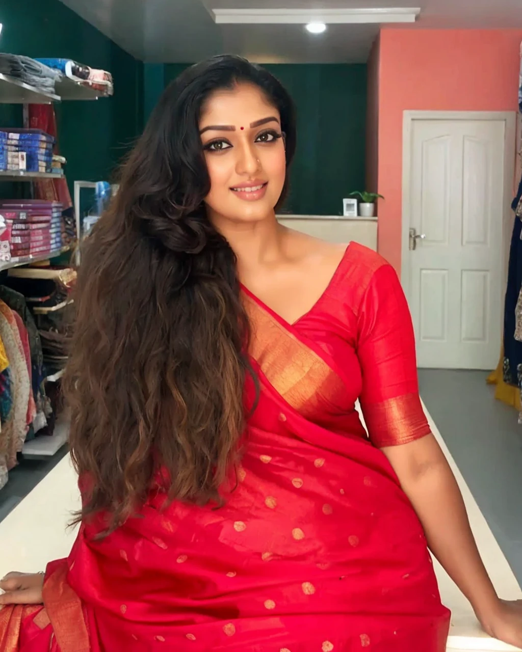 Wearing a sexy satin saree, looka sexy Indian housewife, Looks like Indian Actress Nayanthara, actress Nayanthara, mallu, mallu aunty, desi aunty, full figured mature beauty,  sweaty skin , shining skin, sweat, attractive figure, desi milf, desi aunty, a close up of a woman in a saree in a bedroom,  sleek!!!, indian super model, wavy hair combed to one side, actress, smoldering, intense smoldering, fashion, an angel, print ready, with a dramatic looking, seductive look, sexy Saree queen, sexy Saree fashion, seductive Saree,  wear saree, sizzling hot Beauty, bigger breast , a man hugging in sexy way