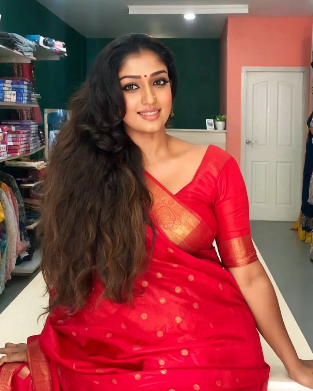 Wearing a sexy satin saree, looka sexy Indian housewife, Looks like Indian Actress Nayanthara, actress Nayanthara, mallu, mallu aunty, desi aunty, full figured mature beauty, sweaty skin , shining skin, sweat, attractive figure, desi milf, desi aunty, a close up of a woman in a saree in a bedroom, sleek!!!, indian super model, wavy hair combed to one side, actress, smoldering, intense smoldering, fashion, an angel, print ready, with a dramatic looking, seductive look, sexy Saree queen, sexy Saree fashion, seductive Saree, wear saree, sizzling hot Beauty, bigger breast , a man hugging in sexy way