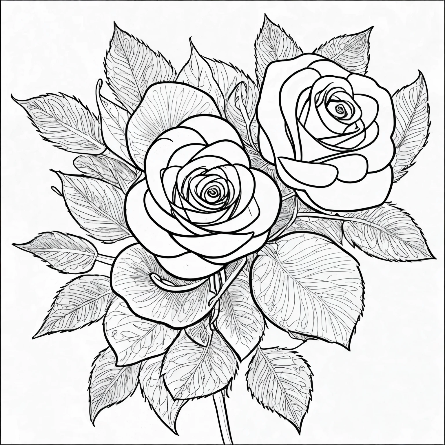 "Create a delightful 2D line art illustration for a kids' coloring book featuring a charming rose flower. The design should be simple and engaging, with clear outlines and large areas for coloring. Include a friendly face on the flower and playful elements like leaves and a butterfly nearby to add an element of fun and imagination. line art, 2d, ar 1:1, single flower with outline, no fill