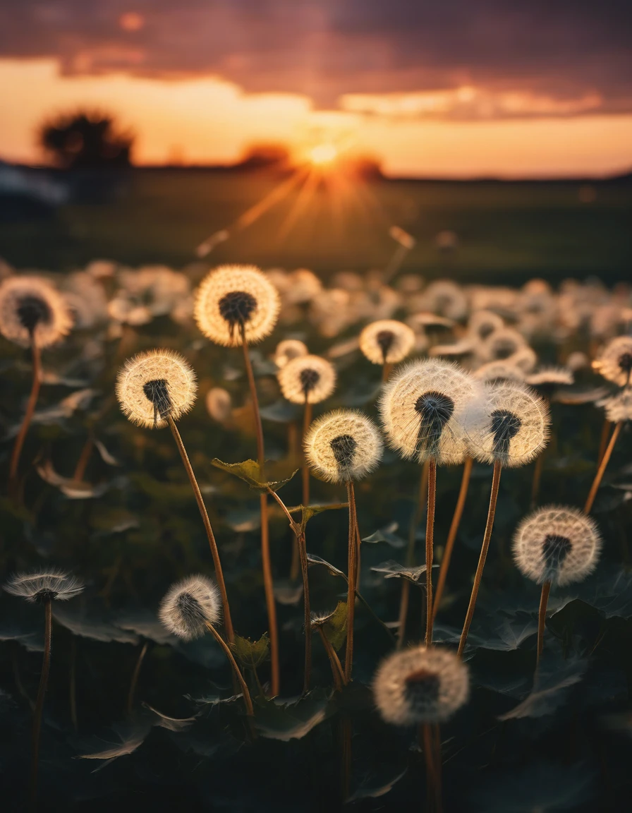 "dandelions and a glorious sunset, by photographer Lee Jeffries nikon d850 film stock photograph 4 kodak portra 400 camera f1.6 lens rich colors hyper realistic lifelike texture dramatic lighting unrealengine trending on artstation cinestill 800