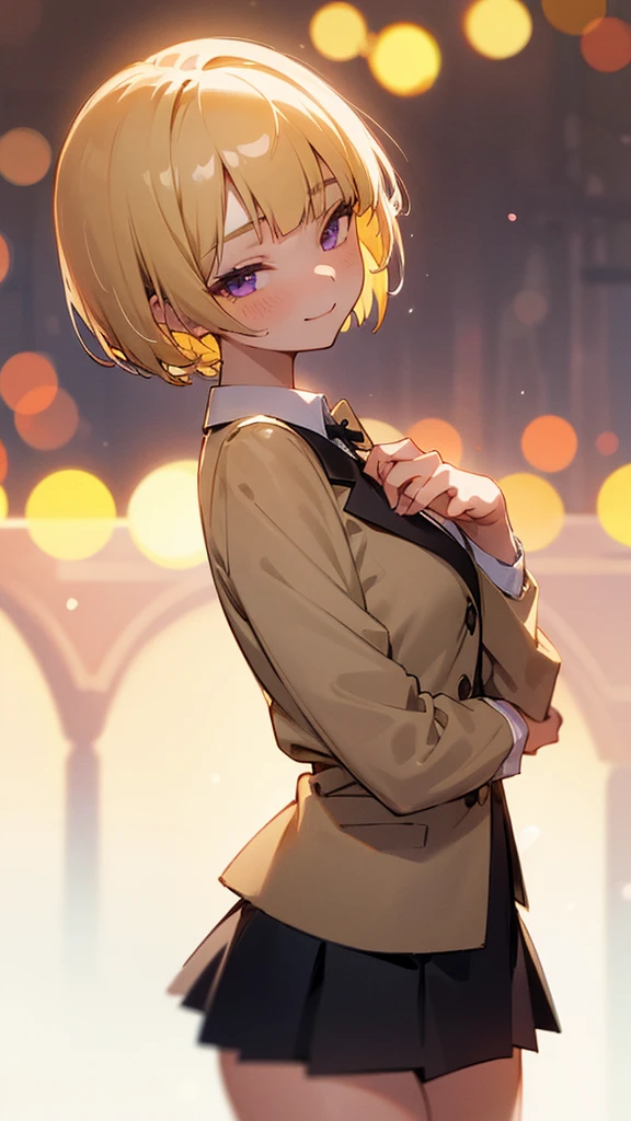 1 Girl、8K、Sharp focus、(Bokeh) (Highest quality) (Detailed skin:1.3) (Intricate details) (anime)、(blonde)、short hair、Bobcut、Blunt bangs、Beautiful purple eyes、Slender body、From the side、White shirt、Black mini skirt、Black Fitted Blazer、Calm face、Mouth closed、Cheeky Smile、Squint your eyes、Park in the background、sunset、Soft lighting.