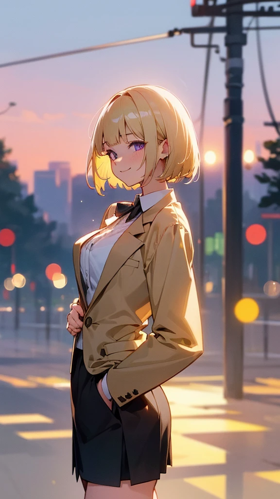 1 Girl、8K、Sharp focus、(Bokeh) (Highest quality) (Detailed skin:1.3) (Intricate details) (anime)、(blonde)、short hair、Bobcut、Blunt bangs、Beautiful purple eyes、Slender body、From the side、White shirt、Black mini skirt、Black Fitted Blazer、Calm face、Mouth closed、Cheeky Smile、Squint your eyes、Park in the background、sunset、Soft lighting.
