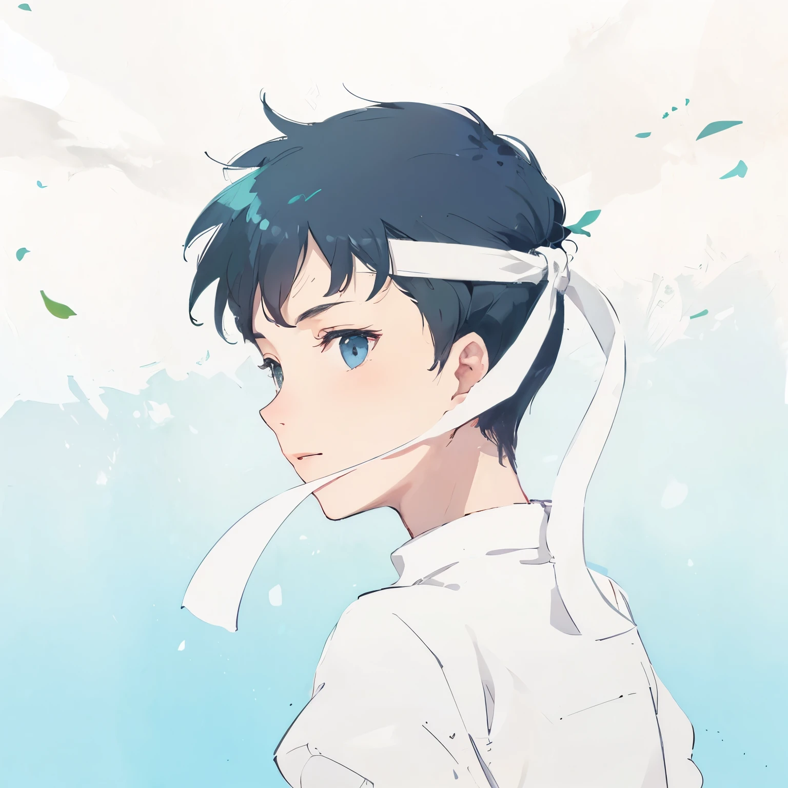 Wooden painting, a boy wearing a head tie, strong wind
