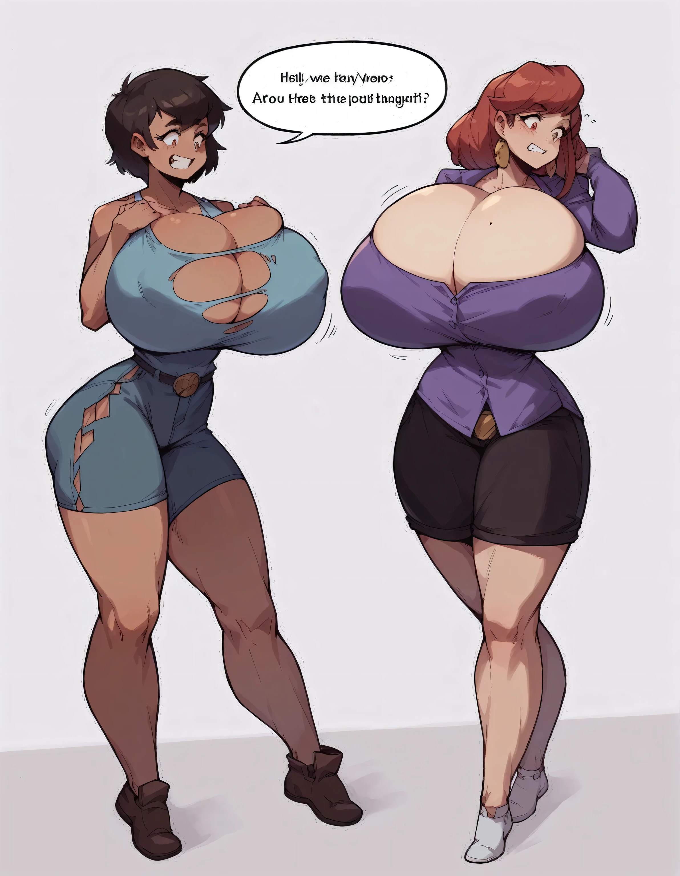 a cartoon of two women in tight shorts and a purple blouse, thick, Oppai proportions, thick build, (sfw) safe for work, big shoulders, with big breasts, breasts big!, breasts big!!, giantess art, Oppai, powerful and huge, she has a round and fat belly, thick things
