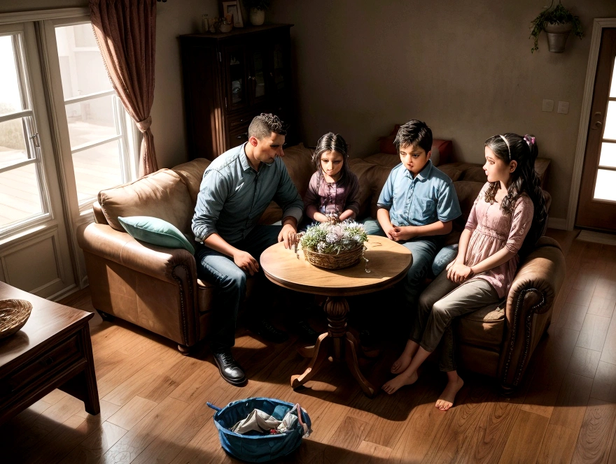 create me a family of one father, A mother, and two children, a -yeld bond a 12-year-o giin a ing room in a house