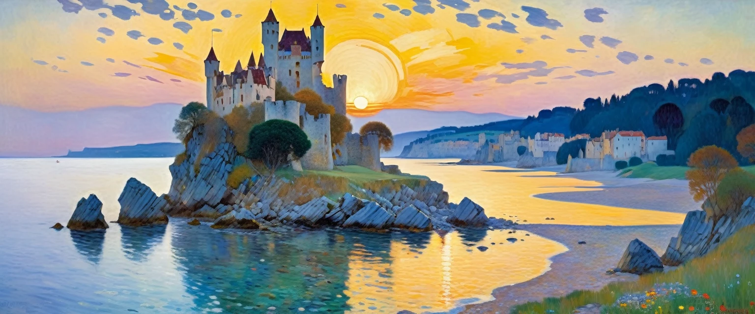 (((Sunrise time, amazing morning ruins of an old castle on the shore))), high quality, masterpiece,((Gustav Klimt style)), barocque, oil painting knife, ((best quality, masterpiece)), (high detail), impressionism:1.1, 8k