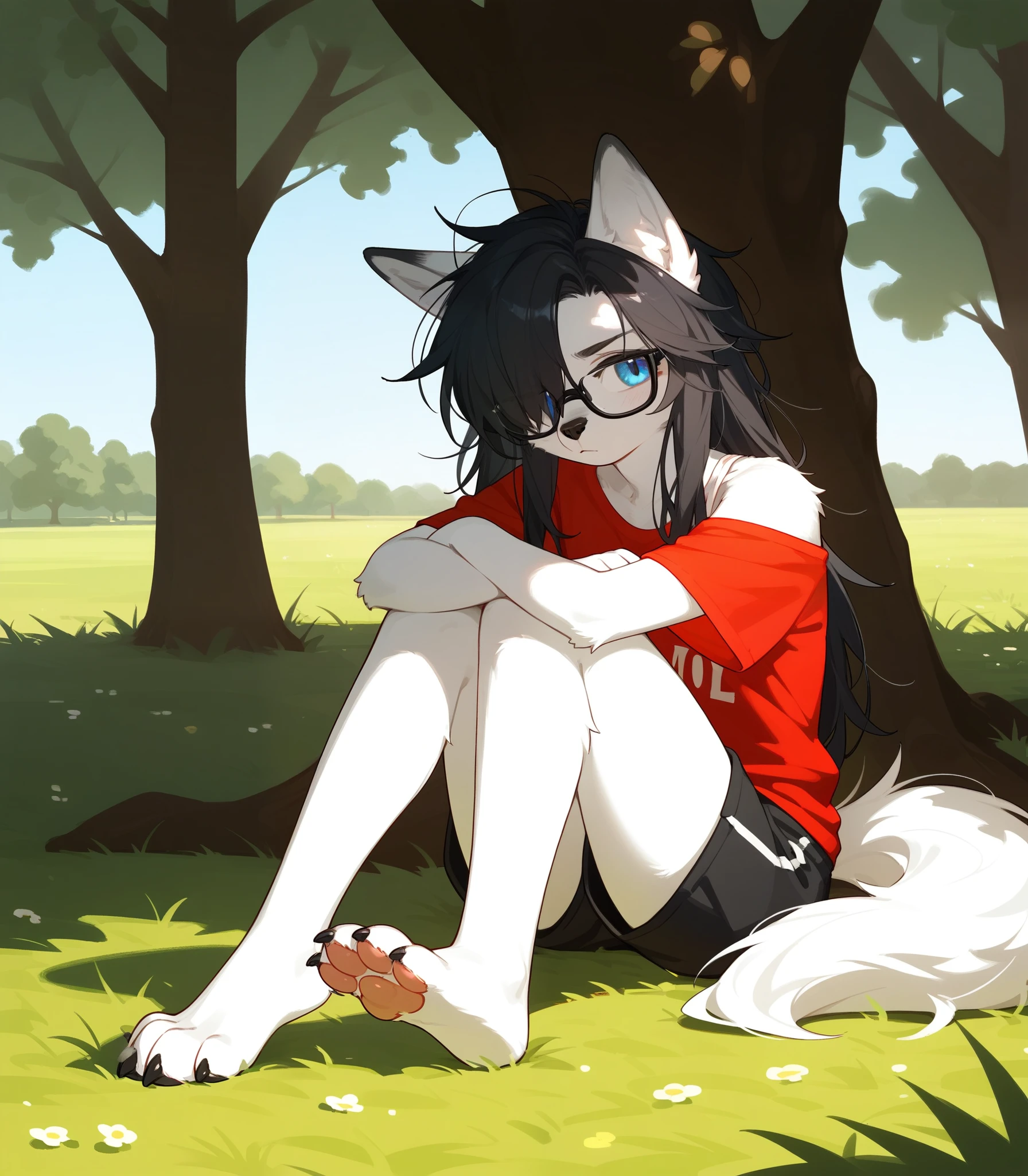 Solo, score_9,score_8_up,score_7_up, a young nerdy Anthro furry wolf woman, wolf snout, white furry body, tall body, long black messy hair, black hair, (hair in a pony tail):1.3, hair covering one eye, black glasses, blue eyes, white wolf ears, small breasts, wearing oversized red t shirt, exposed shoulder, black boy shorts, outdoors, cutely pouting, sitting under a shady tree, feet paws, 4 toes, grassy floor, legs sprawled out across the floor, arms crossed, leaning against a tree, grassy field