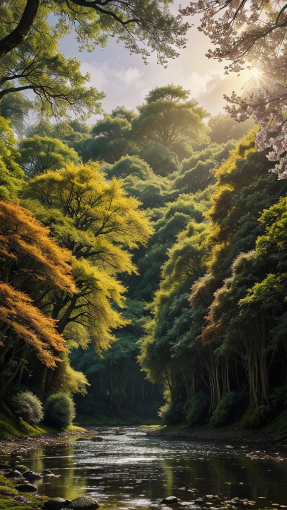 Twisted, gnarly cherry blossom trees, deep textures, giant hyper-realistic human eye with the earth reflecting in its iris, deep black pupil, realistic wetness, eyelash-like branches, moss-draped trees filled with flowery climbingplants, spring-colored foliage, purole, yellow, specks of green, misty dreamlike forest, colorful color palette, amber, brown, grey, soft white sky with gradient effect, tranquil river, peculiar trees, shadowy indistinct figures, mysterious, tranquil fantasy, intricate details, enigmatic quality.