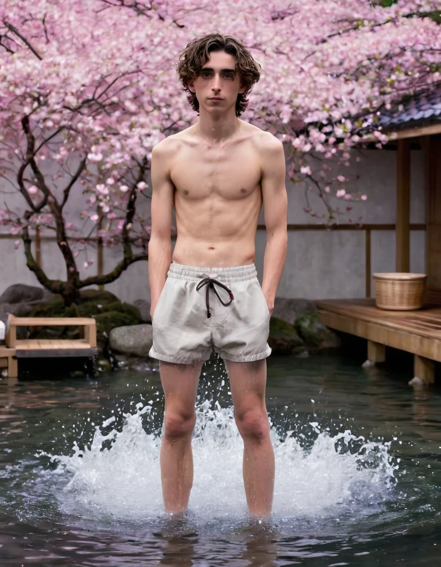 Timothée Chalamet, sweaty boy, in water, in japanese sakura cherry blossom sauna, no clothing, far from camera, whole body, braces, age 19, wavy tiktok hair, boxer, bare feet, wearing no t-shirt topless, japanese onsen temple, short fine armpit hair, flexing, in the water, veiny arms, cute, tall, lean, not muscular, wispy pubes, muscular teen masterpiece, high resolution, feet visible, no shoes, very dirty feet, skinny, tall, foot fetish, tall boy, teen boyaces, best quality, sticky armpit hair, sticky, glue on floor, wet floor, sticky clothes, drops on underwear, drops on shorts, sticky on shorts, drops on floor, sweaty face, sweaty hair, Dune by Herbert, Science fiction