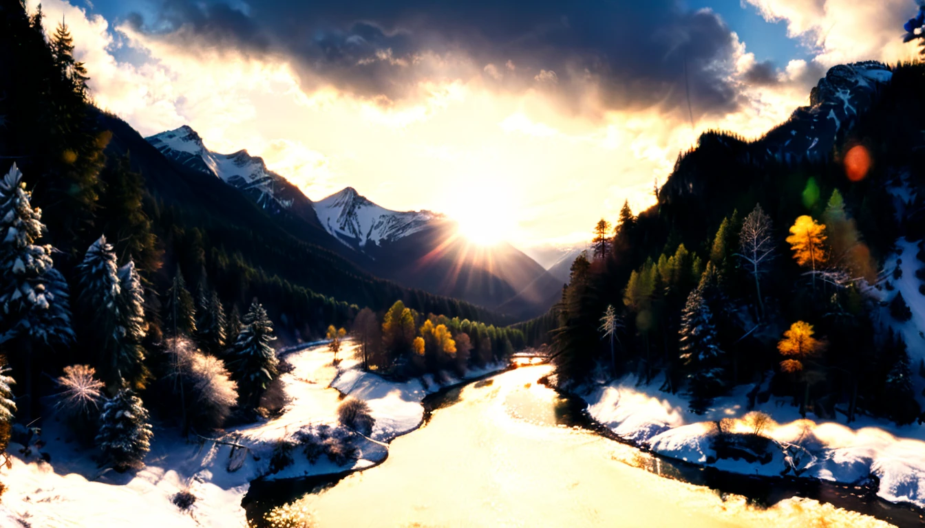 a National Geographic nature shot of a snowy mountain, the sun rises, (the transition between night and day: 1.3), the snow forest mountain range, the forest in the mountains, there pine trees, snow, a river flows between the mountains, the forest is reflected in rays of sunset in river, divine rays, some clouds, sun rays, some stars,  (highest quality:1.2, Very detailed, up to date, Vibrant, Ultra-high resolution, High Contrast, masterpiece:1.2, highest quality, Best aesthetics), best details, best quality, highres, ultra wide angle, 16k, [ultra detailed], masterpiece, best quality, (extremely detailed: 1.5), aetherpunkai,  ladyshadow