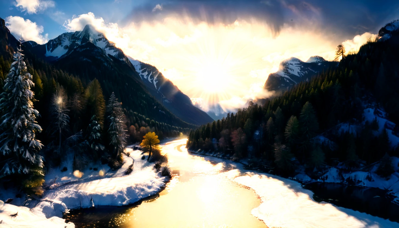 a National Geographic nature shot of a snowy mountain, the sun rises, (the transition between night and day: 1.3), the snow forest mountain range, the forest in the mountains, there pine trees, snow, a river flows between the mountains, the forest is reflected in rays of sunset in river, divine rays, some clouds, sun rays, some stars,  (highest quality:1.2, Very detailed, up to date, Vibrant, Ultra-high resolution, High Contrast, masterpiece:1.2, highest quality, Best aesthetics), best details, best quality, highres, ultra wide angle, 16k, [ultra detailed], masterpiece, best quality, (extremely detailed: 1.5), aetherpunkai,  ladyshadow