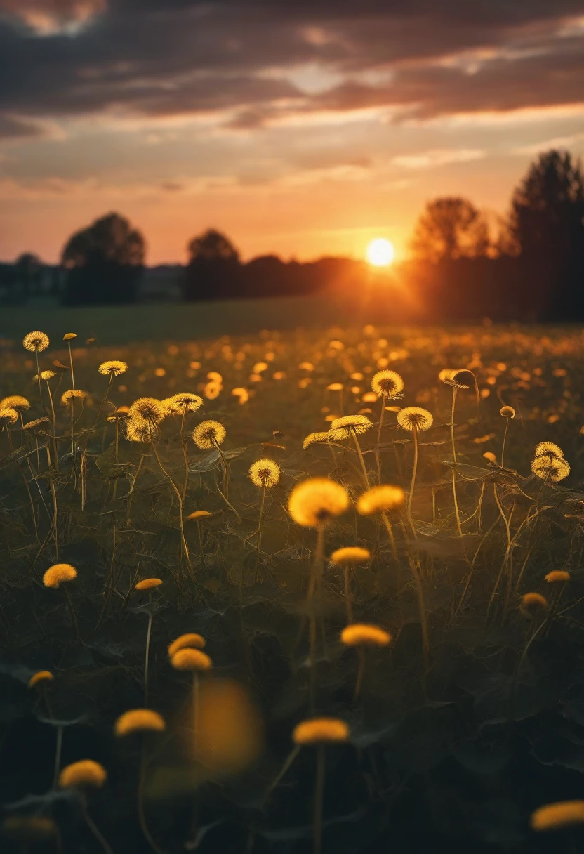 "dandelions and a glorious sunset, by photographer Lee Jeffries nikon d850 film stock photograph 4 kodak portra 400 camera f1.6 lens rich colors hyper realistic lifelike texture dramatic lighting unrealengine trending on artstation cinestill 800