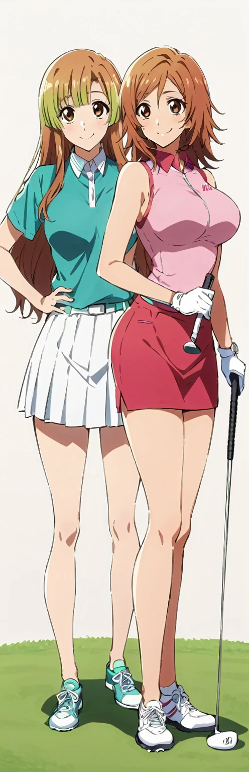 orihime inoue, mitsuri kanroji,2 characters 2 female, multiple characters, playing golf,golf clothing,both sexy,both perfect body,both fullbody,both smiling,both looking at viewer 