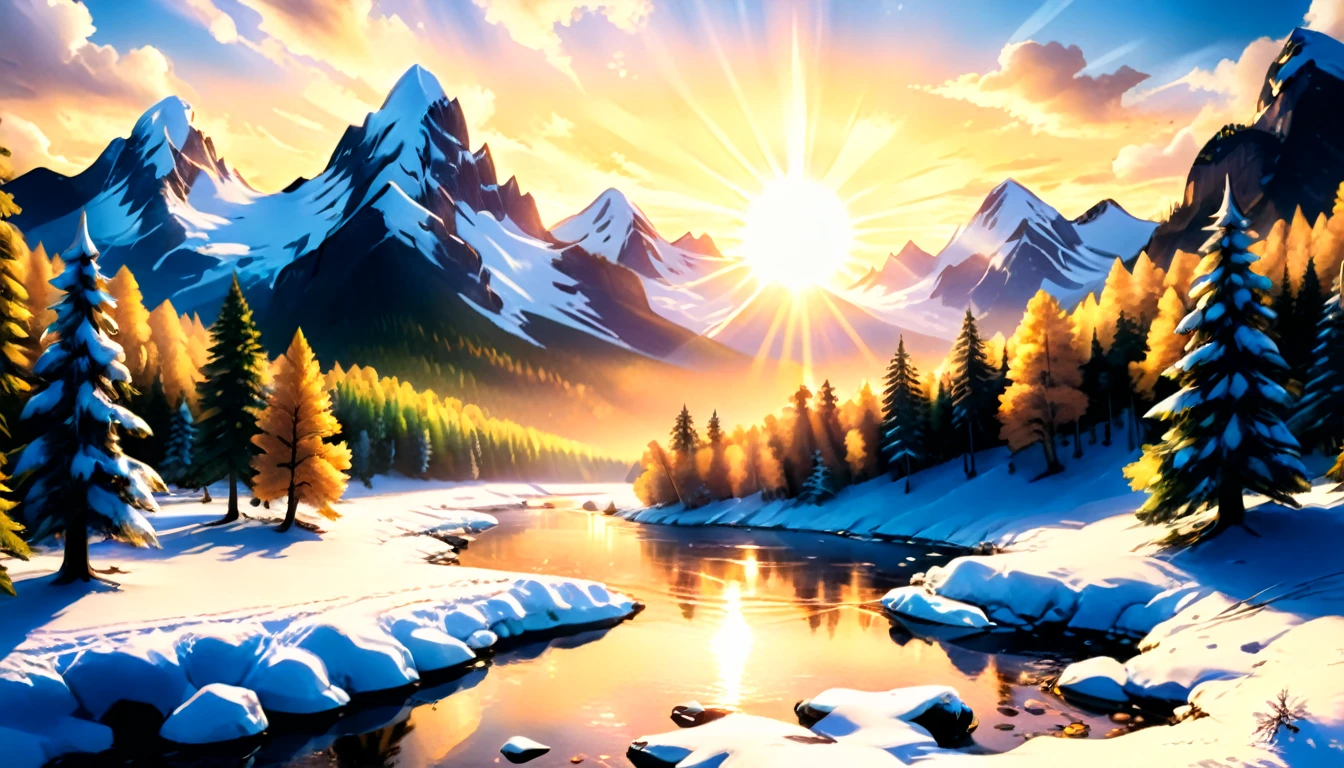 a National Geographic nature shot of a snowy mountain, the sun rises, (the transition between night and day: 1.3), the snow forest mountain range, the forest in the mountains, there pine trees, snow, a river flows between the mountains, the forest is reflected in rays of sunset in river, divine rays, some clouds, sun rays, some stars,  (highest quality:1.2, Very detailed, up to date, Vibrant, Ultra-high resolution, High Contrast, masterpiece:1.2, highest quality, Best aesthetics), best details, best quality, highres, ultra wide angle, 16k, [ultra detailed], masterpiece, best quality, (extremely detailed: 1.5), aetherpunkai,  ladyshadow
