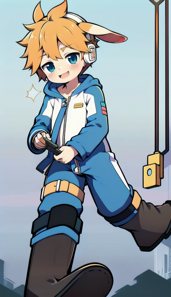 2D Boy Shota，One-piece mountaineering suit，Slim, healthy body，Put the headphones on your head，stand up，goggles，Rabbit ears，happy，Sailor collar，tie，Zipper pulled down，boots，hood