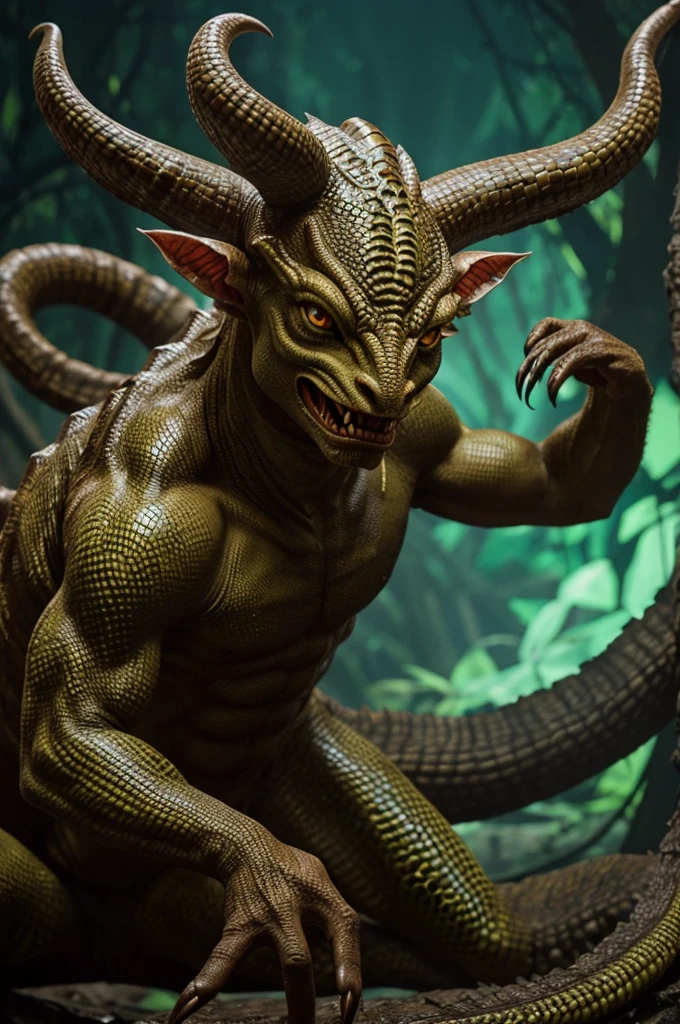 A grotesque creature emerging from the shadows - humanoid torso with scaly skin and a sinuous snake-like lower body. Its eyes shine with an otherworldly light, and its mouth twists into a sinister smile.