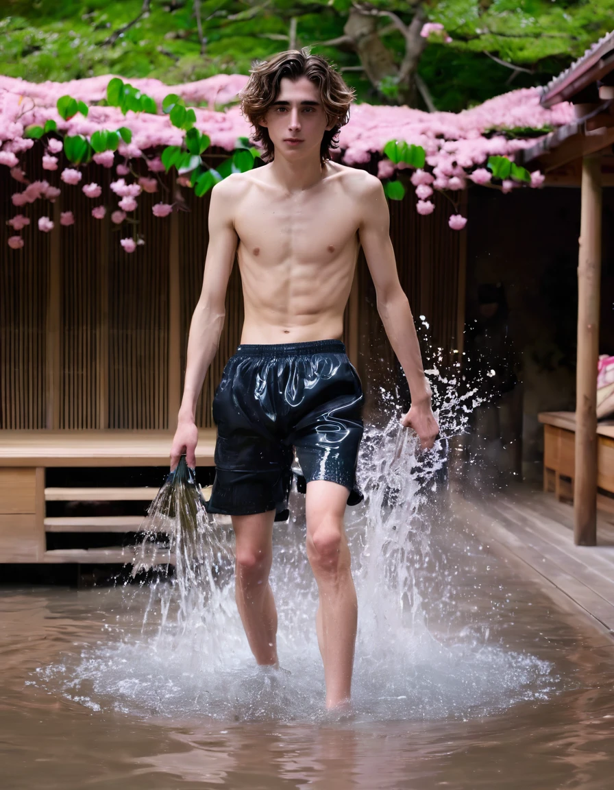 Timothée Chalamet, sweaty teen boy, in water, in japanese sakura cherry blossom sauna, no clothing, far from camera, whole body, braces, age 19, wavy tiktok hair, boxer, bare feet, wearing no t-shirt topless, japanese onsen temple, short fine armpit hair, flexing, in the water, veiny arms, cute, tall, lean, not muscular, wispy pubes, muscular teen boy masterpiece, high resolution, feet visible, no shoes, very dirty feet, skinny, tall, foot fetish, tall boy, teen boy, braces, best quality, sticky armpit hair, sticky, glue on floor, wet floor, sticky clothes, drops on underwear, drops on shorts, sticky on shorts, drops on floor, sweaty face, sweaty hair, Dune by Herbert, Science fiction