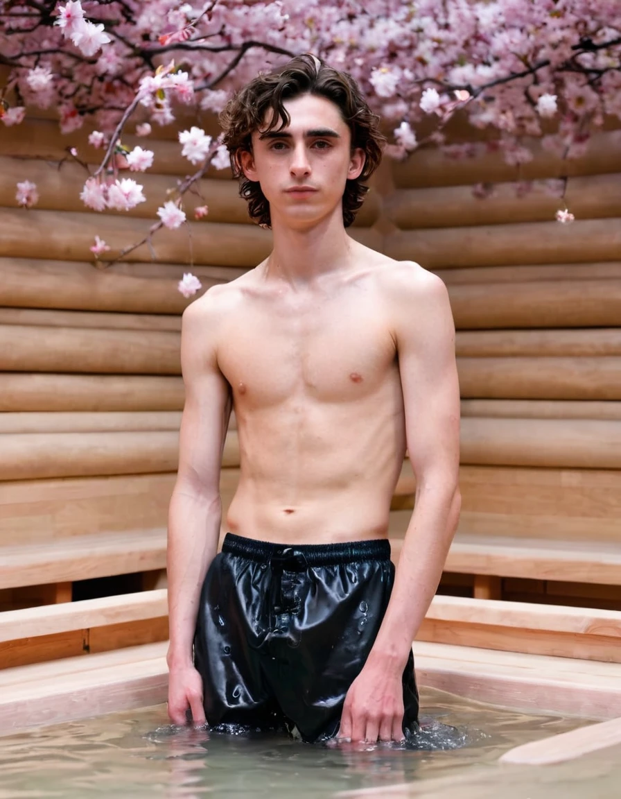 Timothée Chalamet, sweaty boy, in water, in japanese sakura cherry blossom sauna, no clothing, far from camera, whole body, braces, age 19, wavy tiktok hair, boxer, bare feet, wearing no t-shirt topless, japanese onsen temple, short fine armpit hair, flexing, in the water, veiny arms, cute, tall, lean, not muscular, wispy pubes, muscular teen masterpiece, high resolution, feet visible, no shoes, very dirty feet, skinny, tall, foot fetish, tall boy, teen boyaces, best quality, sticky armpit hair, sticky, glue on floor, wet floor, sticky clothes, drops on underwear, drops on shorts, sticky on shorts, drops on floor, sweaty face, sweaty hair, Dune by Herbert, Science fiction