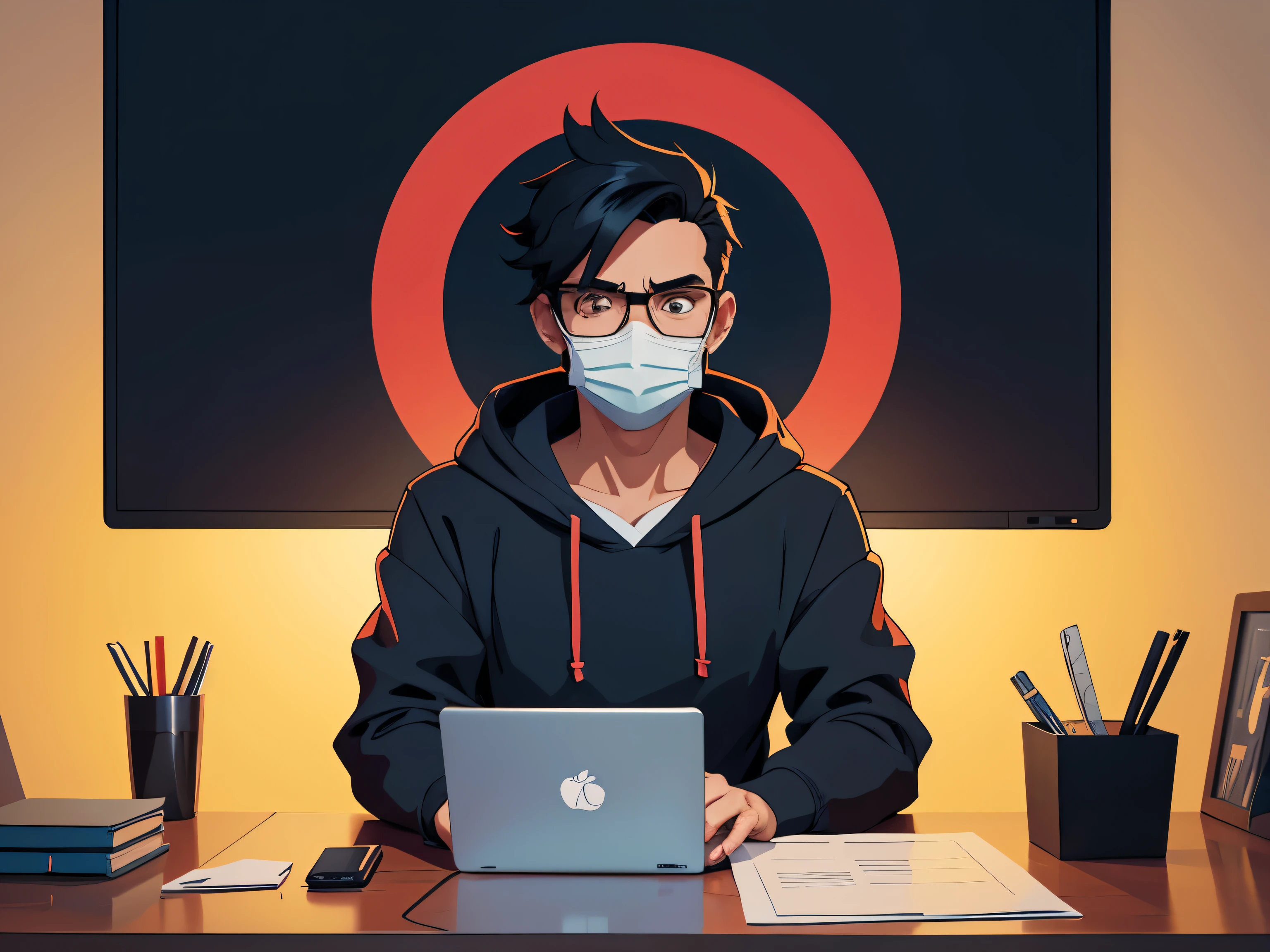 Anime friendly looking male business character is wearing a face mask, hoodie and sunglasses. He is sitting behind his laptop in his studio, arms on his desk. It is night. The room is minimalistic. He is front facing to the camera, looking straight and centered, central portrait, sitting straight, front view, centered looking straight. The overall ambiance of the image should convey a connection to minimalism, flat illustration, bold line, minimalism, simplified, gouache illustration. 8k resolution