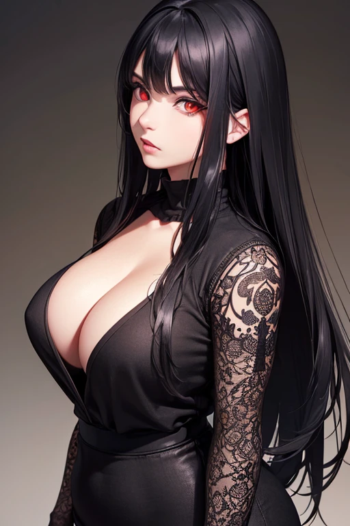 (best quality,ultra-detailed,realistic:1.37),long black hair,red eyes,intense expression,curvy figure,casual black clothes,vivid colors,portrait