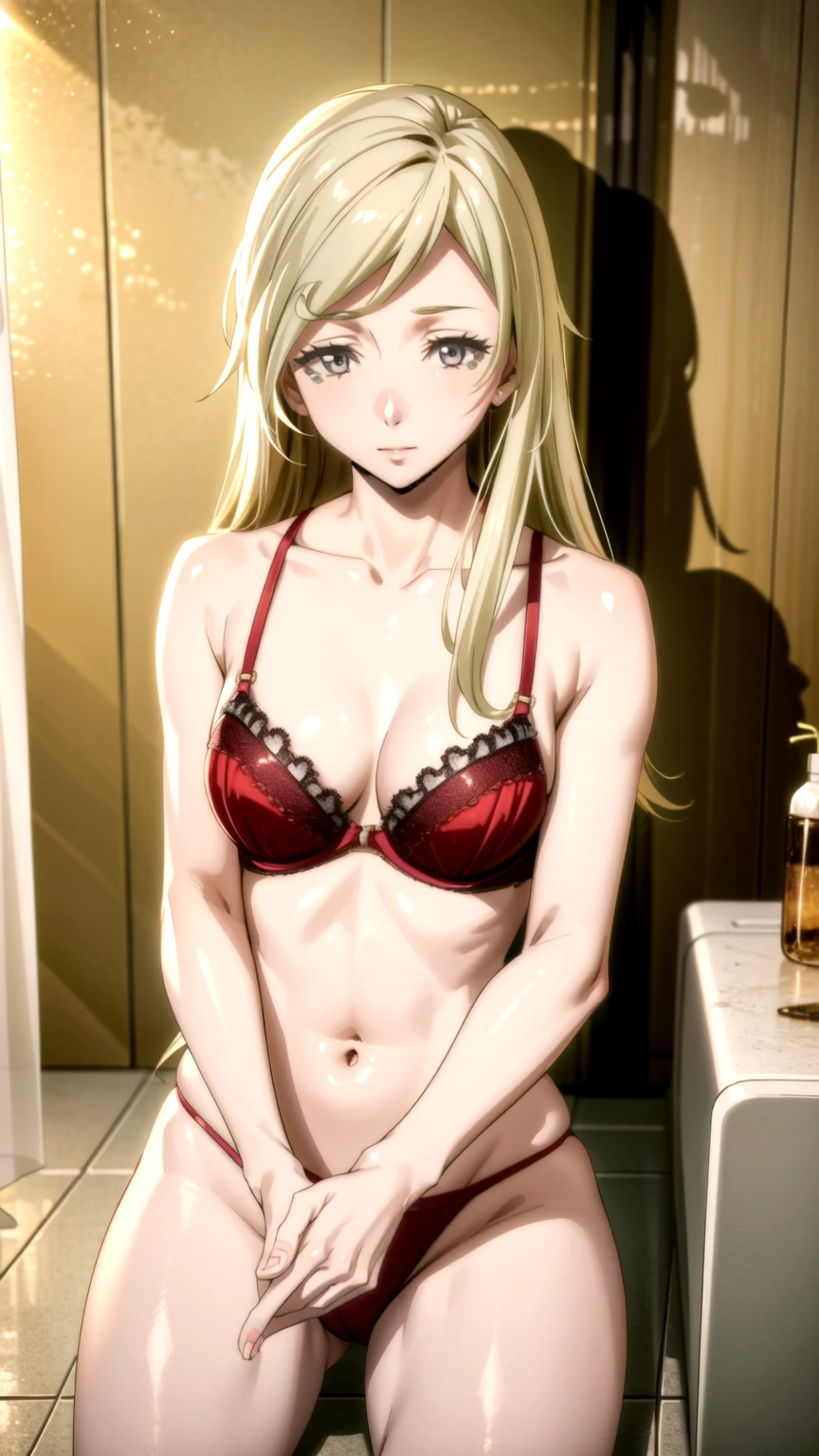 Masterpiece, best quality, very detailed, Ultra high resolution, (photorealistic:1.4), raw photos, (realistic:0.2), 1 girl, alone, long hair,,8k hdr, 1 girl, shy , medium-large breast, bright eyes, , medium-small breasts,,(Red lace bra) ,Spread your legs, bathroom