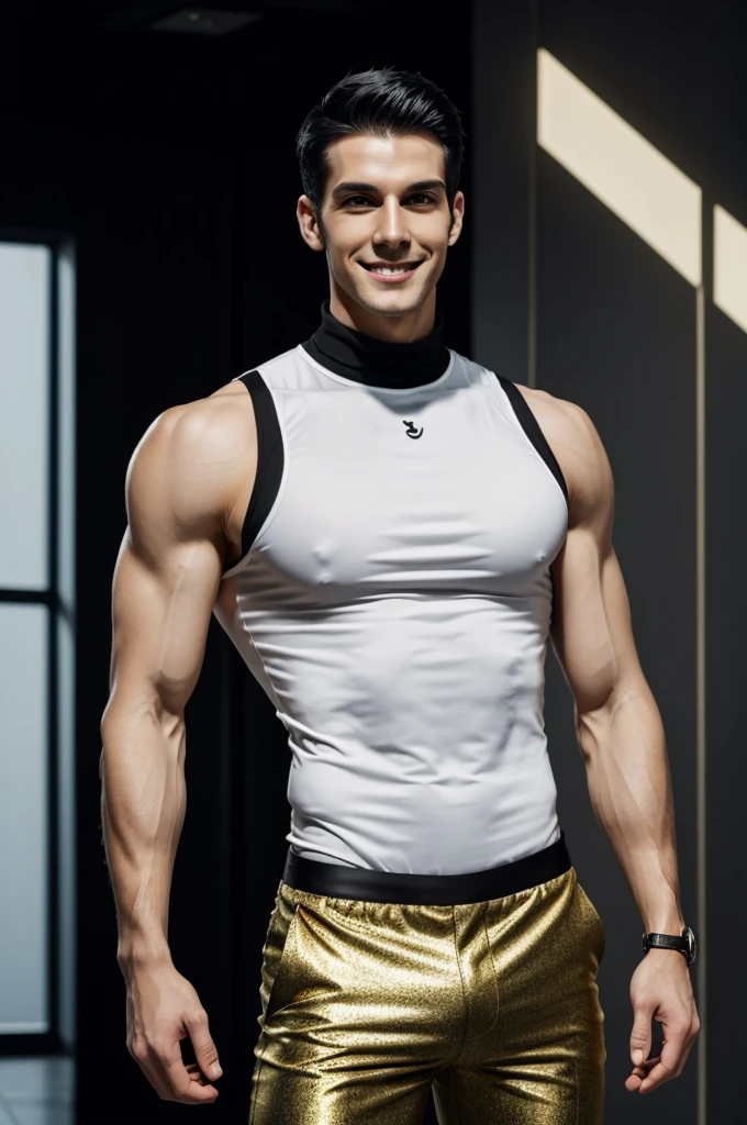 Tall man between 25 and 27, athletic body, marked muscles,  short black and white hair, gold eyes, flirtatious smile. He wears black pants and a white sleeveless turtleneck shirt that makes his pectorals and abdomen transparent when water falls.. version anime