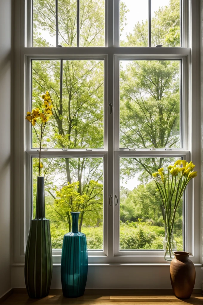 A window where you can see trees outside and vases on both sides of the window