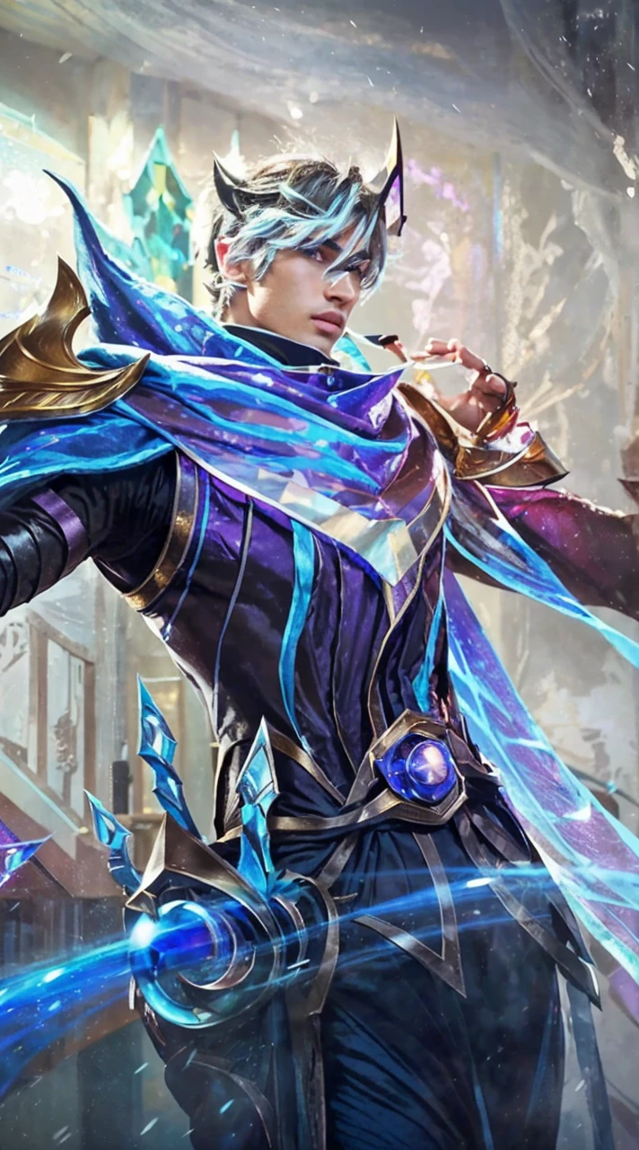 A boy ( prince, handsome, sharp jawline, sharp eyes, tall, good body, blue eyes, black hair, wear prince costume, long eyelashes, sharp nose, theo james)