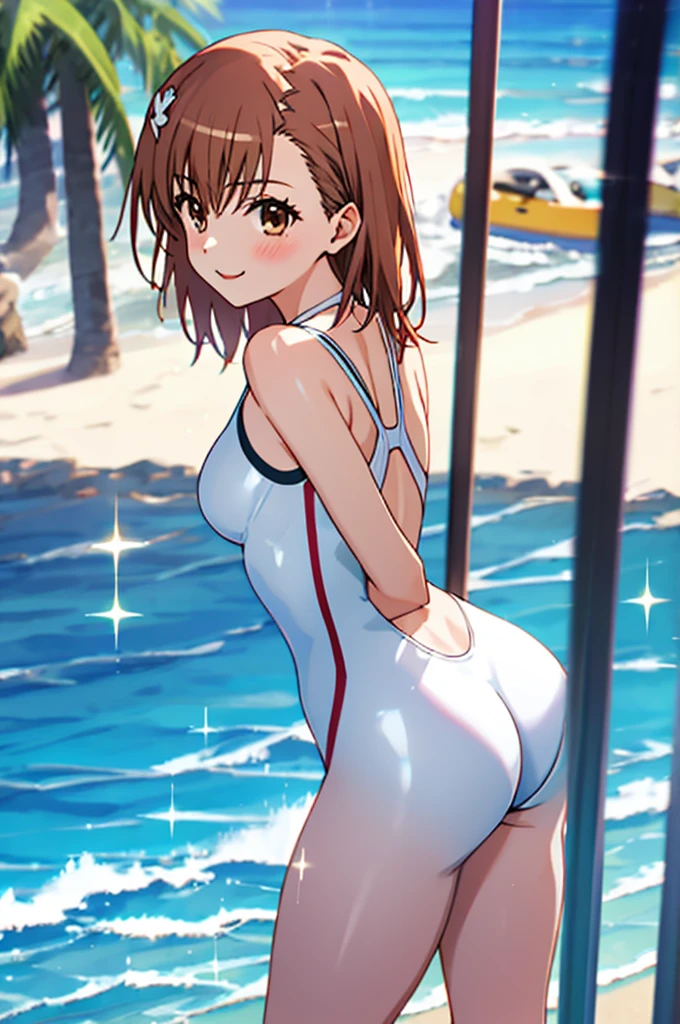 masterpiece, best quality, misaka_mikoto, brown eyes, looking at viewer, solo, small breast, upper body, (swimsuit), beach, outdoor, , smile, close_mouth, ((crossed legs)), ((standing)), lens flare abuse,  one piece suit, body suit, shiny clothes, thicc, onegirl, 1girl, white swimsuit, pantihose, ass pose, botty pose, back pose, nice ass, latex