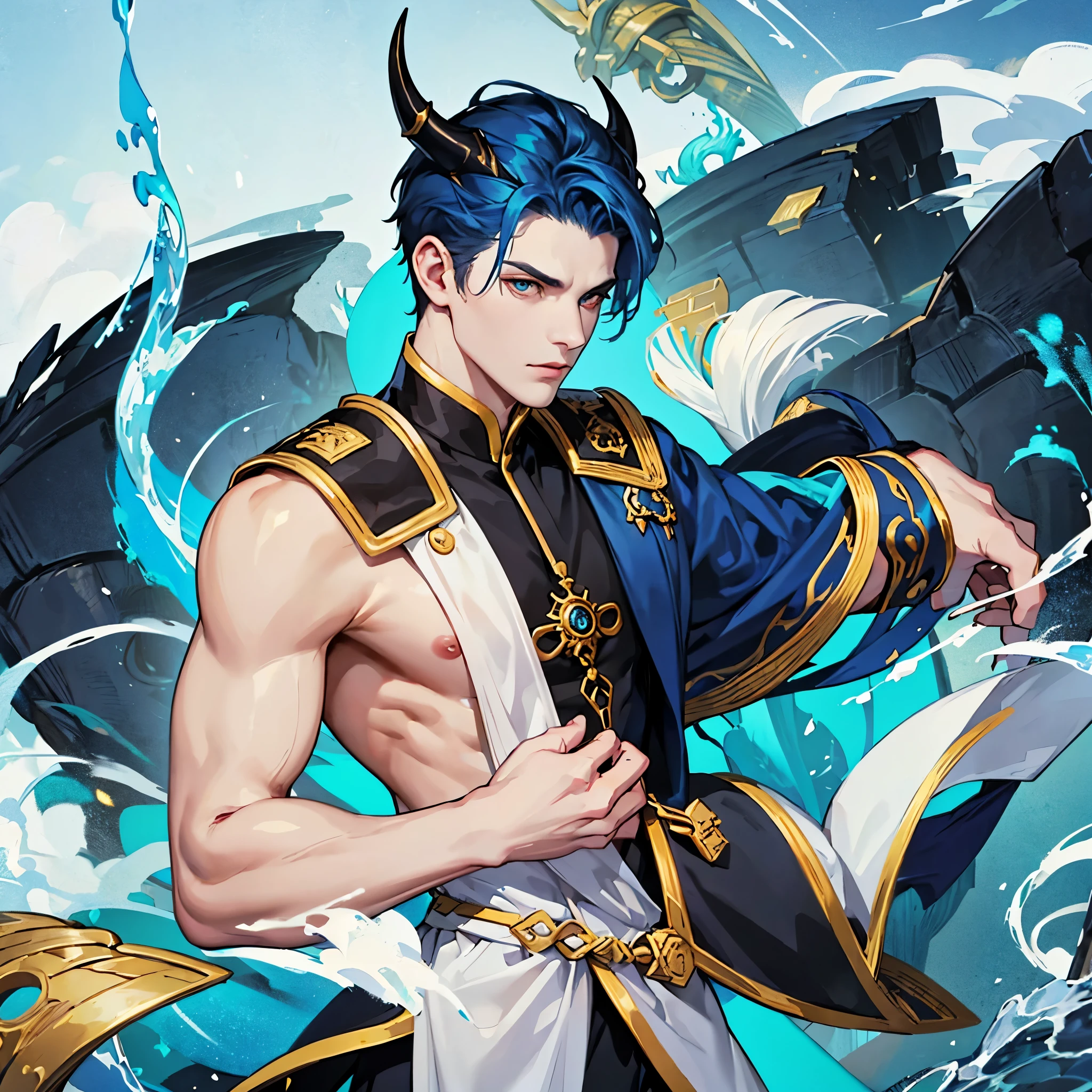 Masculine man, solo, alone, sea, deep blue hair, draconic blue scales on skin, pale skin, golden hunter eyes, navy blue horns curved backwards, serene expression, traditional clothes