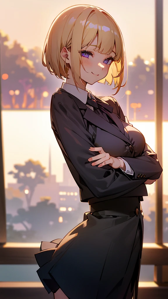 1 Girl、8K、Sharp focus、(Bokeh) (Highest quality) (Detailed skin:1.3) (Intricate details) (anime)、(blonde)、short hair、Bobcut、Blunt bangs、Beautiful purple eyes、Slender body、From the side、White shirt、Black mini skirt、Black Fitted Blazer、Calm face、Mouth closed、Cheeky Smile、Squint your eyes、Park in the background、sunset、Soft lighting.