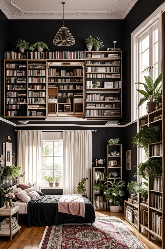 
The room design of a girl who loves flowers and plants, books and musical instruments and likes the theme of her room to be black
