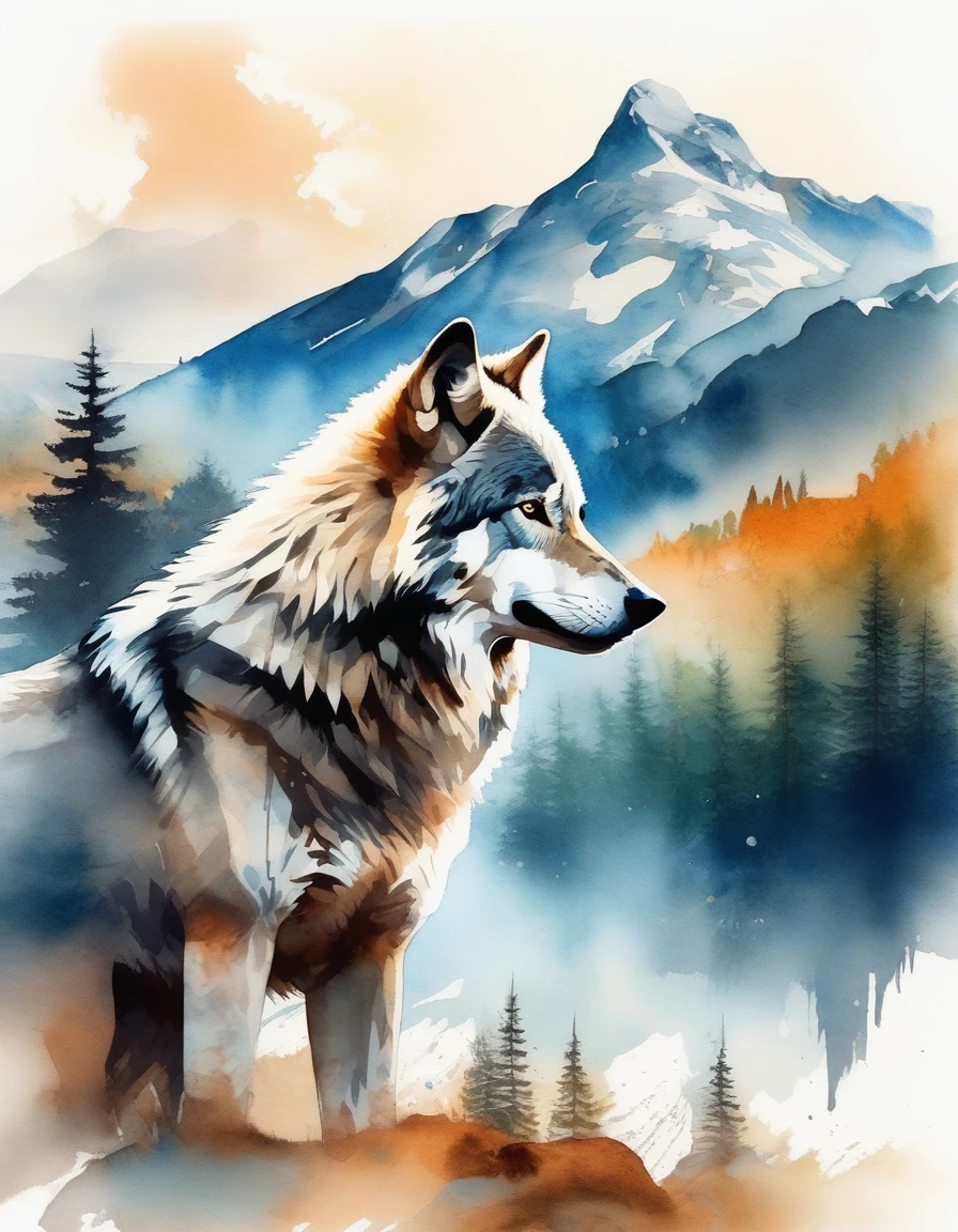 Double exposure of a wolf and a mountain, natural scenery, watercolor