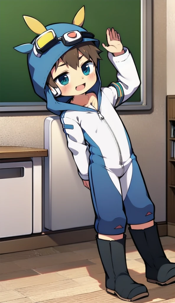 2D Boy Shota,One-piece mountaineering suit,Slim, healthy body,Put the headphones on your head,stand up,goggles,Rabbit ears,happy,Sailor collar,tie,Zipper pulled down,boots,hood,classroom