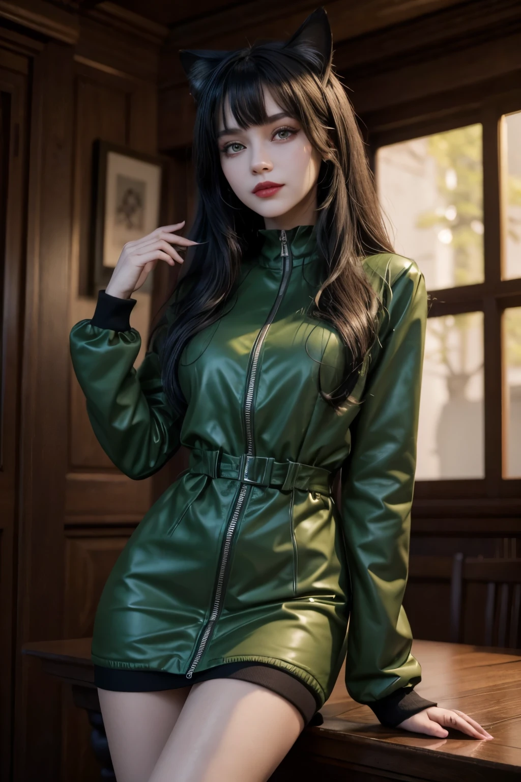 Real cartoon 3D, Masterpiece, Best Quality, 1 girl, brown eyes, green jacket, dark red lips, wide, long sleeves, black hair, goth dress, Alone, portrait, seductive smile, cat eyes, Upper part, head on