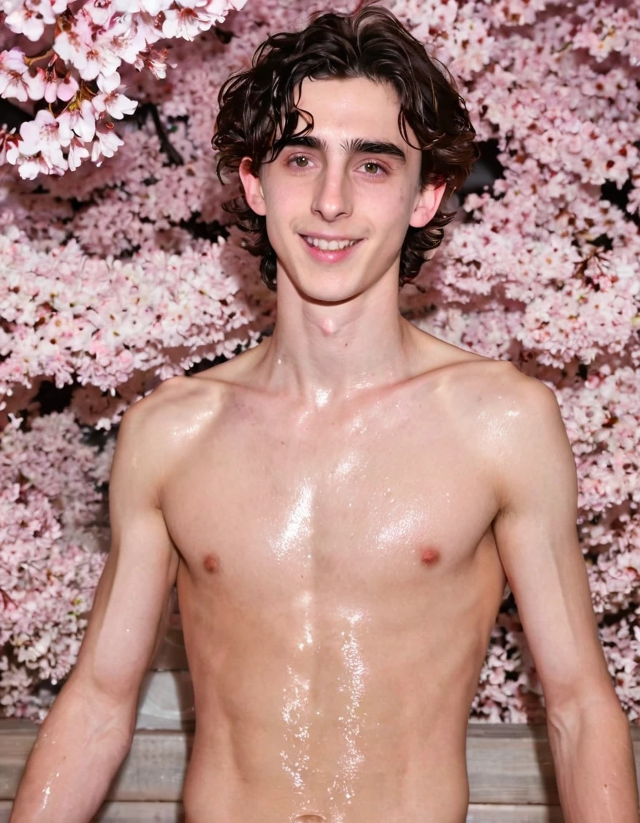 Timothée Chalamet, sweaty boy, in water, in japanese sakura cherry blossom sauna, no clothing, far from camera, whole body, braces, age 19, wavy tiktok hair, boxer, bare feet, wearing no t-shirt topless, japanese onsen temple, short fine armpit hair, flexing, in the water, veiny arms, cute, tall, lean, not muscular, wispy pubes, muscular teen masterpiece, high resolution, feet visible, no shoes, very dirty feet, skinny, tall, foot fetish, tall boy, teen boyaces, best quality, sticky armpit hair, sticky, glue on floor, wet floor, sticky clothes, drops on underwear, drops on shorts, sticky on shorts, drops on floor, sweaty face, sweaty hair, Dune by Herbert, Science fiction