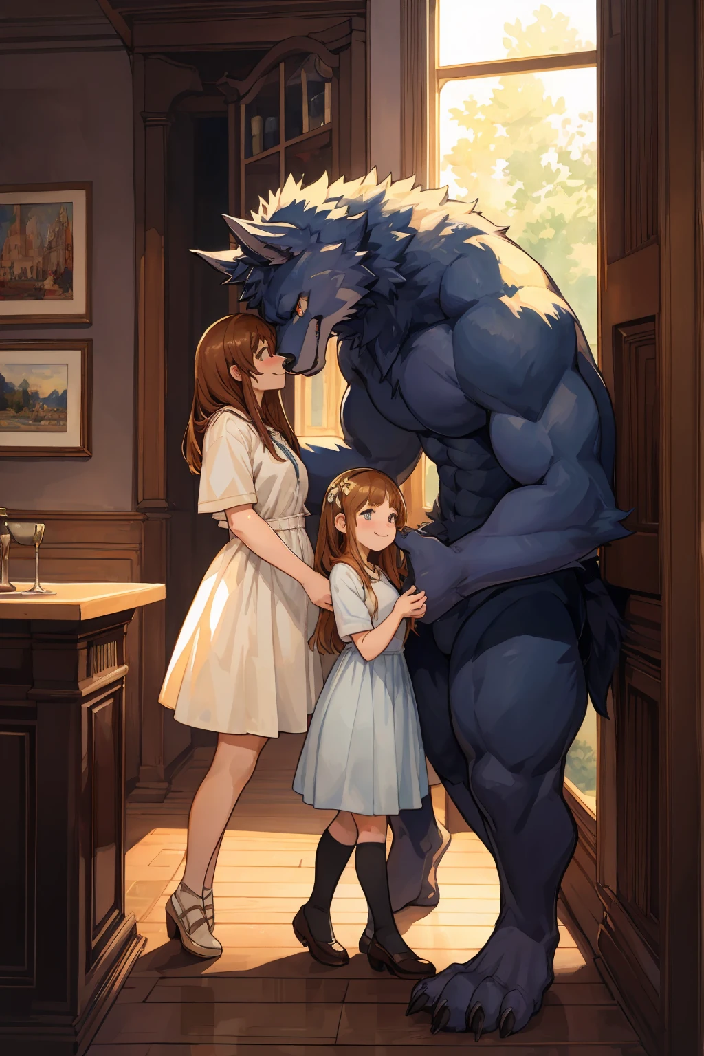 cover page, highres, top quality, best quality, paid reward available, unparalleled masterpiece, perfect artwork, absurdres, High-quality illustrations, watercolor, soft color, Vintage images, highres, unparalleled masterpiece, absurdres, love story of human girl and giant Werewolf, love romance, family photograph, pair, Height difference, Physical difference, perfect anatomy, smile, joyful, play with, smile, happy, watercolor,