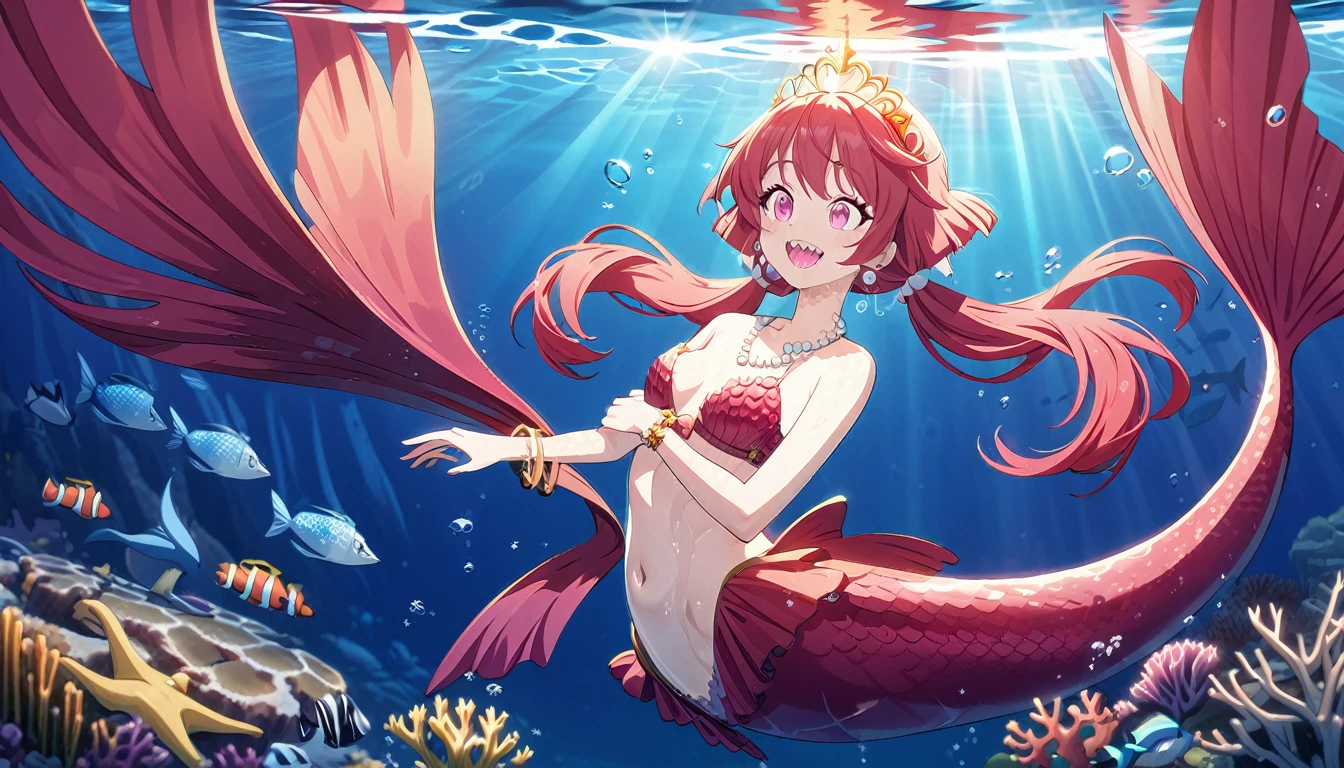 (best quality,4k,8k,highres,masterpiece:1.2),ultra-detailed, Pretty 15 years old princess magically transformed into a beautiful mermaid, drawn in anime style,race swap, fantastic transformation, none human, steampunk, fish like, wet body, surrounded by small bubbles, long and detailed mermaid tail with shimmering red fish scales, fins ears, red shimmering scales on neck, very long pigtails red hair, sharp teeth, is smiling, pink eyes, small breast, long pelvic and dorsal fins, pair of fish gills on her torso and her neck, red seashells bra, starfish hair clips, pearl earrings and bracelets, pearl necklace, hair ribbons, gold tiara, ocean depths, swimming underwater, joyful expression, playful mermaid poses, sparkling water, water reflections, ethereal atmosphere, subtle glow, whimsical and enchanting, checking her new body, underwater world, colorful coral reef, magical underwater lighting, vivid colors, breathing underwater, endless ocean depths, sunlight filtering through the water, Highly detailed, masterpiece, high quality, 4K.