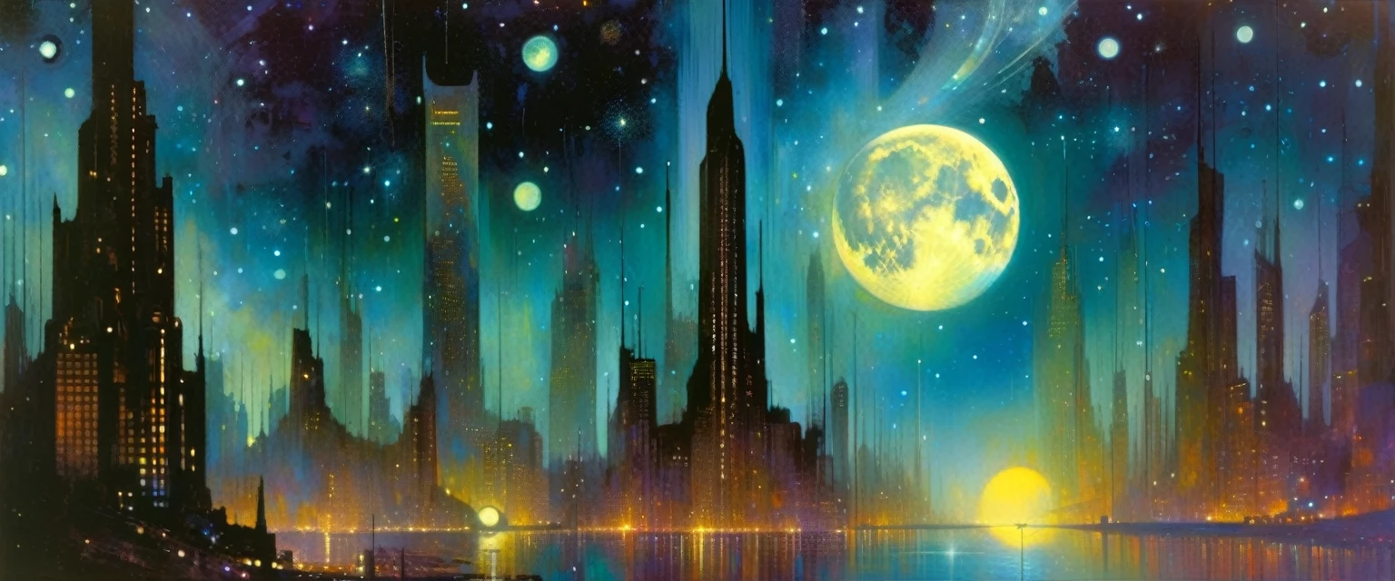 the abandoned future big city, many details,magic, surrealism, fantastic, night sky, medium moon, stars, background, (art inspired by Bill Sienkiewicz). oil painting)
