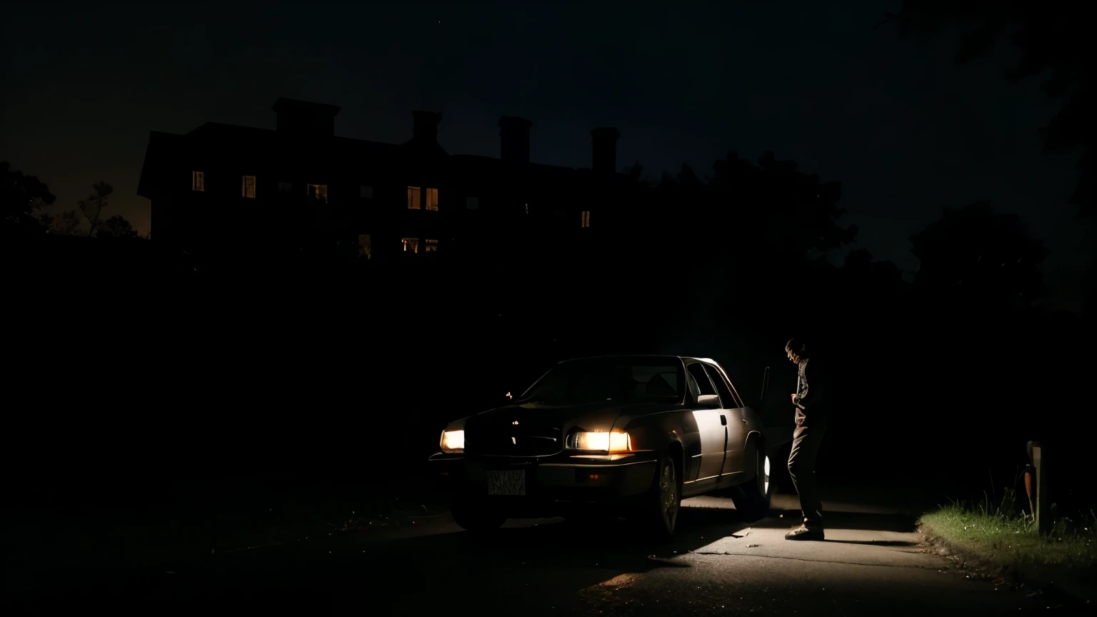 Car Breaking Down:
A man getting out of a car that has broken down in front of an old, spooky mansion, surrounded by darkness