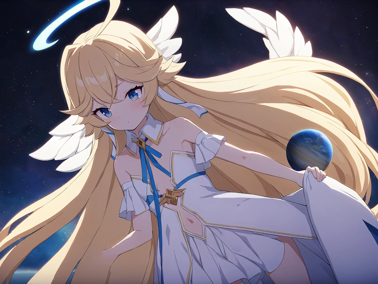 Zaora, blue eyes, (Variegated eyes:0.5), Blonde, Very long hair, Twin Blade, bangs, Ahoge, Hello, Angel, Flat Chest, White Dress, Belly button cutout, Detachable collar, Strapless, Neck ribbon, Bare shoulders, Angel wings, barefoot, One girl, Solo Break Space, planet, Depth of written boundary, Cinematic, masterpiece, Highest quality, Game CG