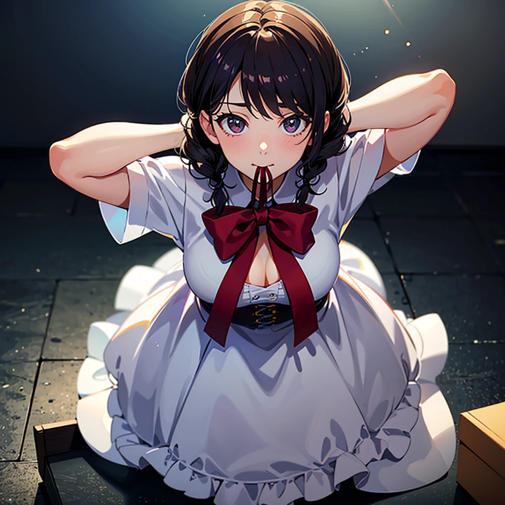 (Highest quality, High resolution, 8K, masterpiece: 1.2), (Realistic, Realistic: 1.3),High refractive index:1.2, Film Grain, Blurry bokeh:1.2, Lens flare, 1 Girl, (Bright colors:1.2), (delicate), (scared, Watery eye, surprised)))), ((In the boxに横たわる少女, Rounded hair, In the boxの少女)), (Rolled up, From the side, From above, Arms tied, arms on the back), Short pigtails, Braid, hair accessories, Eye patch, Covered, ((Cover your mouth))), Gagged, big , (Gift Box girl), whole body, bondage, In the box, bandage, Now, ribbon, View your viewers, blush, toy, chest, hair, Christmas, Gift Box, Wrists tied, ribbon bondage, Heavy Cream
