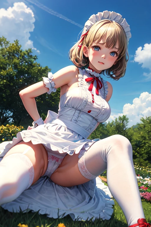 beautiful girl, cute, young, small limbs, Big Breasts, Embarrassed face, large ribbon on the head, Slim ta Fashion, Thin maid clothes, Thin white tights, Frills, Clothes with lots of ribbons, 薄いFrillsの服, (Pure white panties), Knee socks with ribbon, Knee-high socks, Red Shoes, choker, Highest quality, masterpiece, High resolution, 4K, 超High resolution, Photorealistic:1.4, Symmetrical eyes, whole body, Put your arms behind your back, Spread your legs, Angle from below, garden