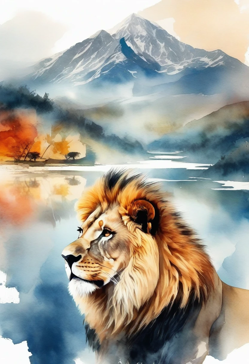 Double exposure of a Lion and a mountain, natural scenery, watercolor