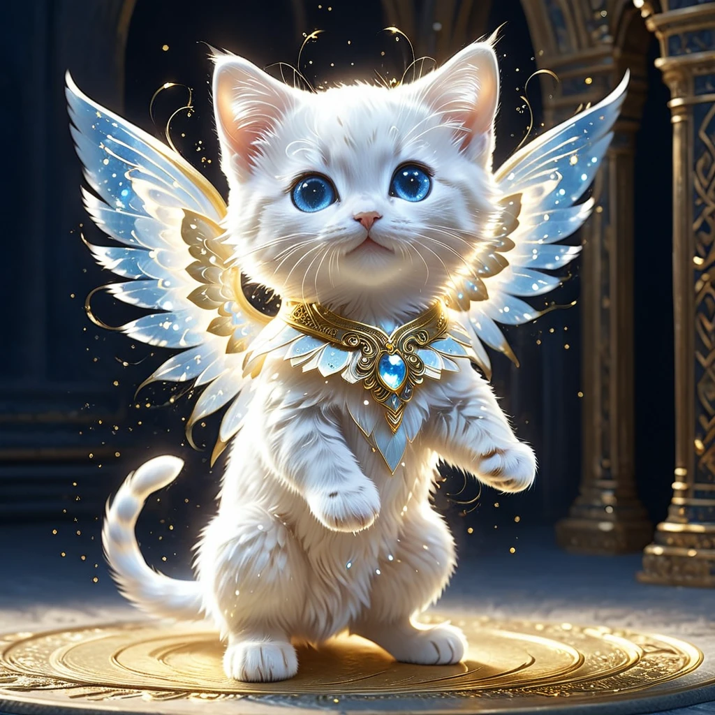 C4tt4stic, Anthropomorphic cute animal character, dressed and bipedal, with human-like posture. The cute animal has human-like limbs and a three-headed body. The cute animal is a white furry kitten with blue eyes, surrounded by countless light particles, each particle shining brightly and intensely. The cute animal has the form of an angel and spreads its wings, the background is an image of a palace in the sky with warm golden light, mysterious space, fantasy art, exquisite details, Jean-Baptiste Monge style, Alan Lee style, anthropomorphic blue-eyed white furry kitten, movie scene, dramatic shot angle, atmospheric particles, real, raw cinematic photorealism, action portrait, 8k, detailed, full frame