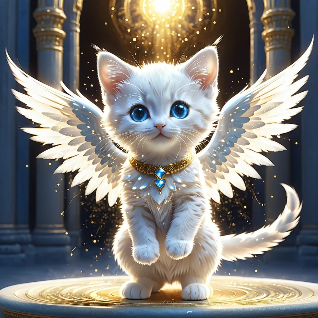 C4tt4stic, Anthropomorphic cute animal character, dressed and bipedal, with human-like posture. The cute animal has human-like limbs and a three-headed body. The cute animal is a white furry kitten with blue eyes, surrounded by countless light particles, each particle shining brightly and intensely. The cute animal has the form of an angel and spreads its wings, the background is an image of a palace in the sky with warm golden light, mysterious space, fantasy art, exquisite details, Jean-Baptiste Monge style, Alan Lee style, anthropomorphic blue-eyed white furry kitten, movie scene, dramatic shot angle, atmospheric particles, real, raw cinematic photorealism, action portrait, 8k, detailed, full frame