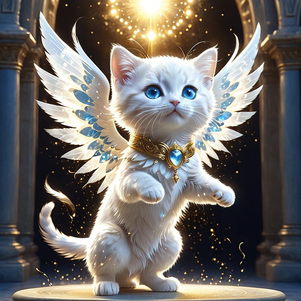 C4tt4stic, Anthropomorphic cute animal character, dressed and bipedal, with human-like posture. The cute animal has human-like limbs and a three-headed body. The cute animal is a white furry kitten with blue eyes, surrounded by countless light particles, each particle shining brightly and intensely. The cute animal has the form of an angel and spreads its wings, the background is an image of a palace in the sky with warm golden light, mysterious space, fantasy art, exquisite details, Jean-Baptiste Monge style, Alan Lee style, anthropomorphic blue-eyed white furry kitten, movie scene, dramatic shot angle, atmospheric particles, real, raw cinematic photorealism, action portrait, 8k, detailed, full frame